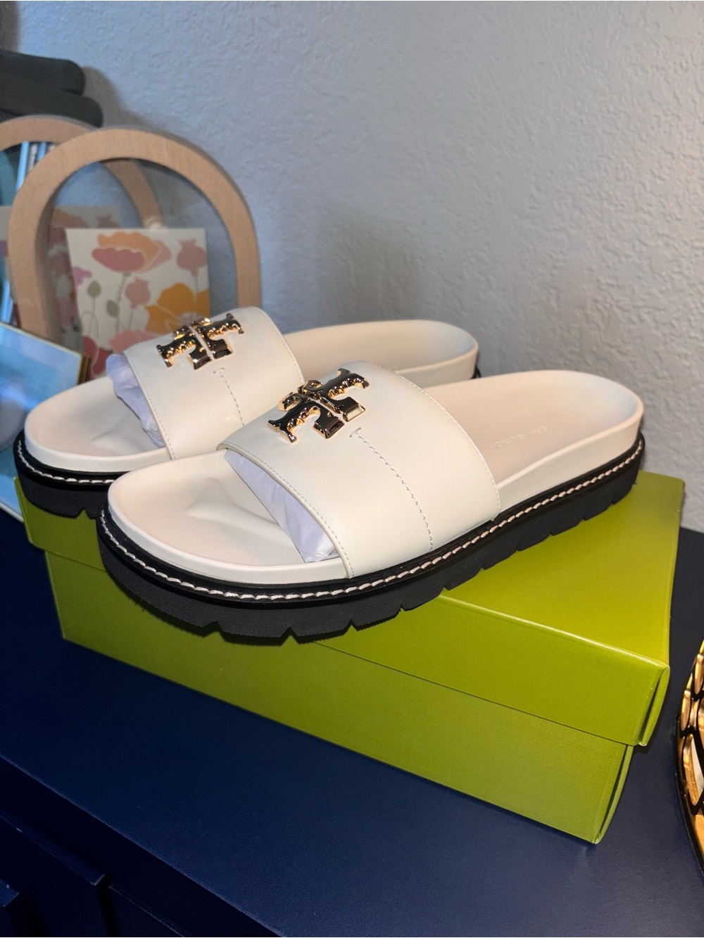 Tory Burch Cream Leather Slide Sandals with Gold Logo - Picture 4 of 8